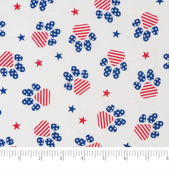 SINGER Patriotic Paw Prints Red with Blue Cotton Fabric